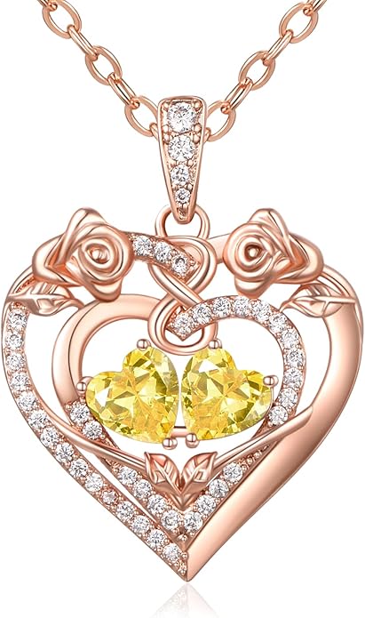 JIYVY32 Rose Heart Necklace for Women Exquisite 925 Sterling Silver Anniversary Birthday Gifts for Wife Mom Her Double Birthstone Pendant Jewelry