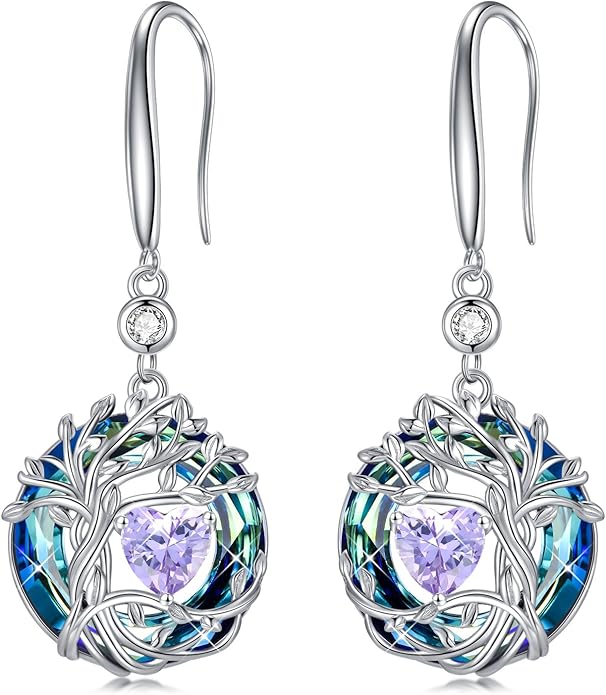 TOUPOP Tree of Life Birthstone Earrings for Women 925 Sterling Silver Family Tree Dangle Earrings Austrian Crystal Jewelry Birthday Christmas Gifts for Her Girlfriend Wife Mom