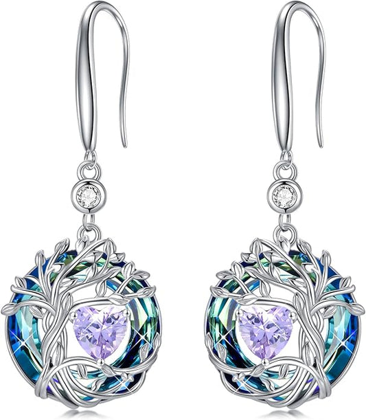 TOUPOP Tree of Life Birthstone Earrings for Women 925 Sterling Silver Family Tree Dangle Earrings Austrian Crystal Jewelry Birthday Christmas Gifts for Her Girlfriend Wife Mom