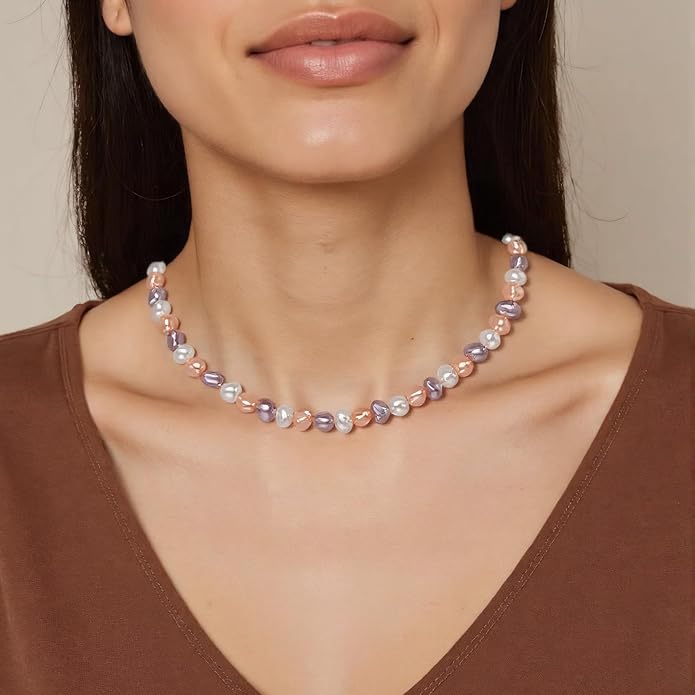 Natural Pearls Choker Necklace for Women Freshwater Baroque Pearl Strand Necklace Chain Cultured Baroque Pearl 18K Gold Plated & S925 Sterling Silver Clasp Choker