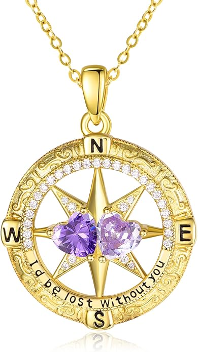 Zeuslia Double Birthstone Necklace Gifts for Wife - 925 Sterling Silver Sunflower/Rose/Crown Cross/Compass/Heart Pendant I Love You Necklace, Anniversary Birthday Gifts for Wife Girlfriend Mom Her