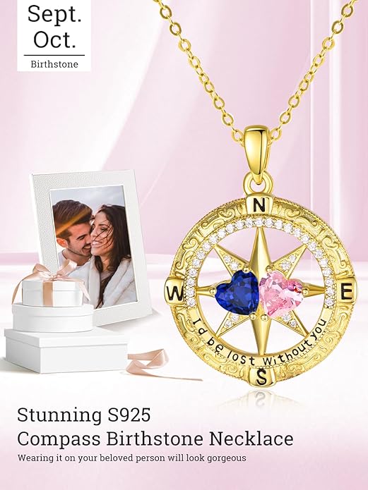 Zeuslia Double Birthstone Necklace Gifts for Wife - 925 Sterling Silver Sunflower/Rose/Crown Cross/Compass/Heart Pendant I Love You Necklace, Anniversary Birthday Gifts for Wife Girlfriend Mom Her