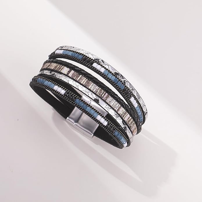 FANCY SHINY Boho Leather Wrap Bracelets Trendy Layered Bracelets with Magnetic Clasp Strackable Bohemian Jewelry Gifts for Women