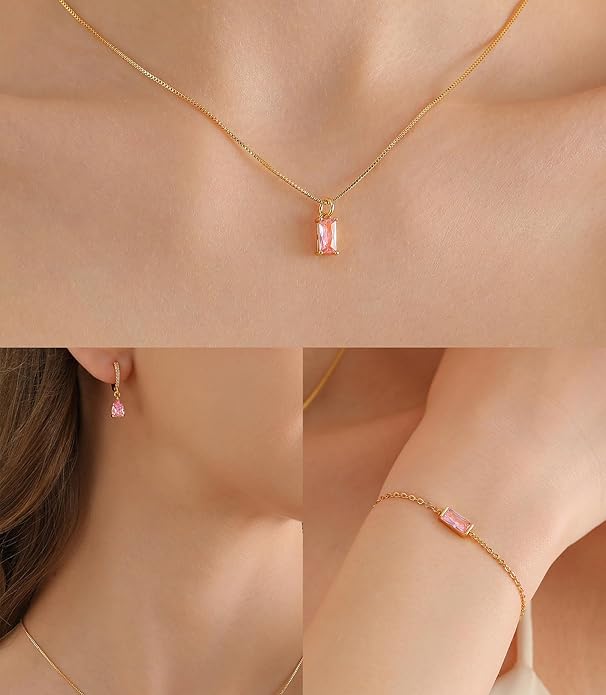 Birthstone 14K Gold Plated Bracelets Earrings Necklaces Jewelry Set， Blue Green May Cubic Zirconia，Friendship Bracelets Jewelry Gifts for Mom Best Friend Birthday