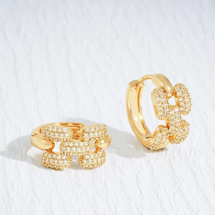 Gold Huggie Hoop Earrings 14K Gold Plated Dainty Chunky Thick Hoop Diamond Cubic Zriconia Inlay Sleeper Tiny Delicate Boho Beach Simple Hypoallergenic Jewelry Gift for Her