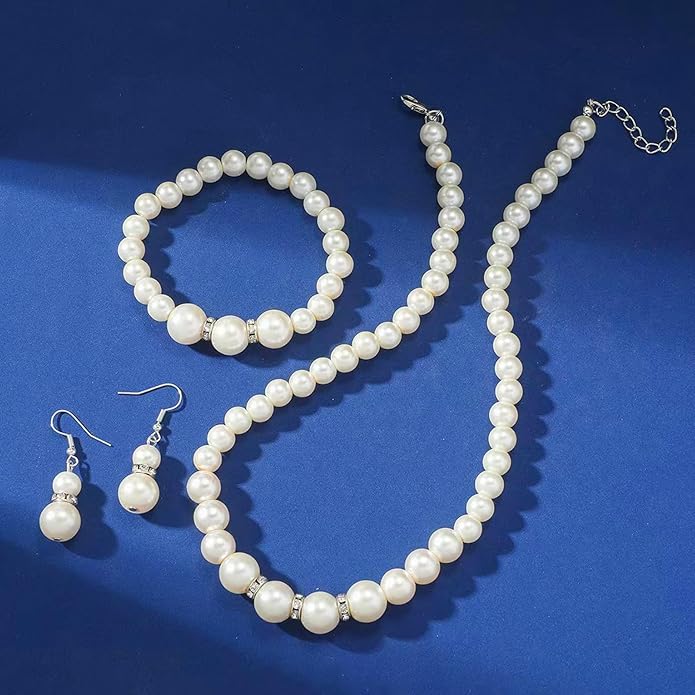 la luen Pearl Bride Wedding Jewelry Set Faux Pearls Crystal Rhinestone Necklace Earrings Bracelet Sets for Women Bridesmaid(3 PCS)