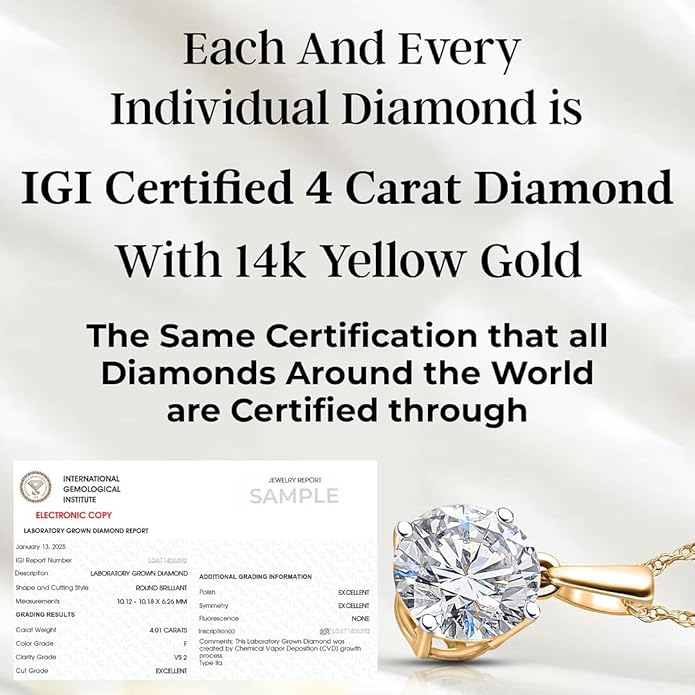 IGI Certified 0.5–4 Carat Lab Grown Diamond Solitaire Pendant Necklace (E-F Color VS Clarity) Solid 14K Gold / Platinum / Sterling Silver 20" Chain Anniversary Jewelry for Women Gifts