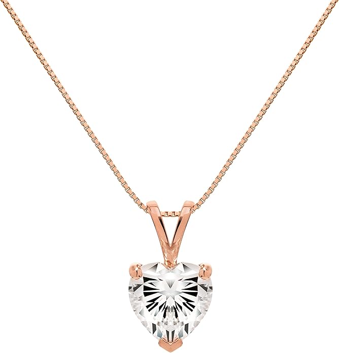 Everyday Elegance Solid 14K Gold Cubic Zirconia Solitaire Pendant Necklace for Women Heart, Princess, Round, Oval, Emerald, Pear & Cushion Cut 1 or 2 CTW | .60mm Thick 16" 18" Length Box Link Chain