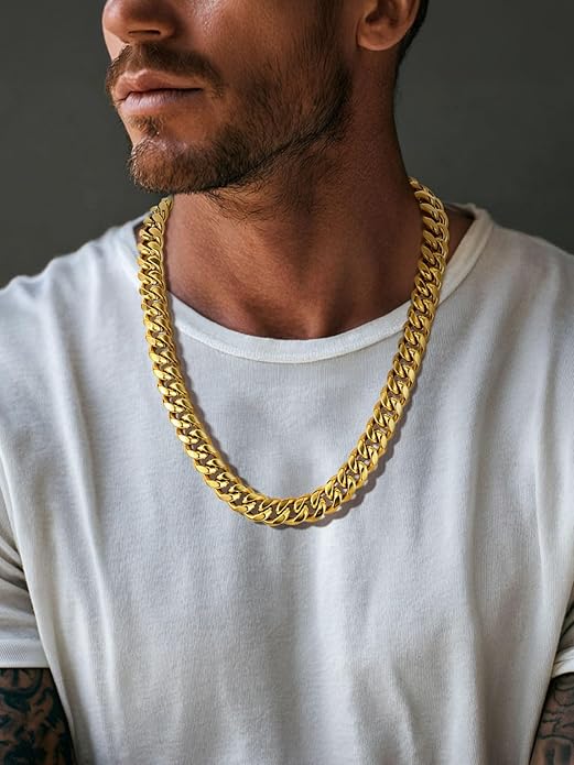 ChainsPro Chunky Miami Cuban Link Chains for Men,Stainless Steel Cuban Chain Necklace,4.8/6/10/14mm Width,No Tarnish& Thick Hip Hop Jewelry,18-30 inch Length, Black/Gold Plated/Silver,Send Gift Box