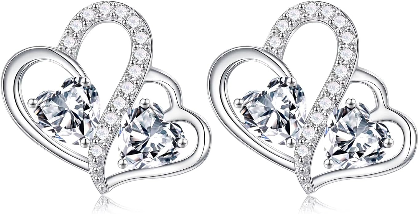 Iefil Valentines Day Gifts for Her - Birthstone Earrings Gift for Women, 925 Sterling Silver Double Heart Birthstone Earrings | Anniversary Birthday Gifts for Women, Personalized Jewelry for Wife Mom