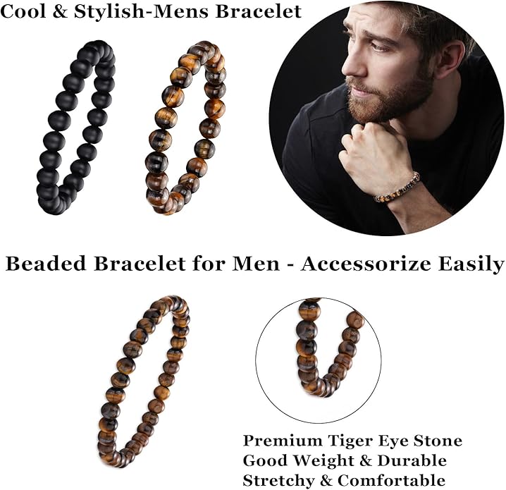 Mens Bracelet Set Black Leather Bracelets for Men Tiger Eye Bracelet 6mm 8mm Lava Rock Beaded Bracelets Adjustable Stretech