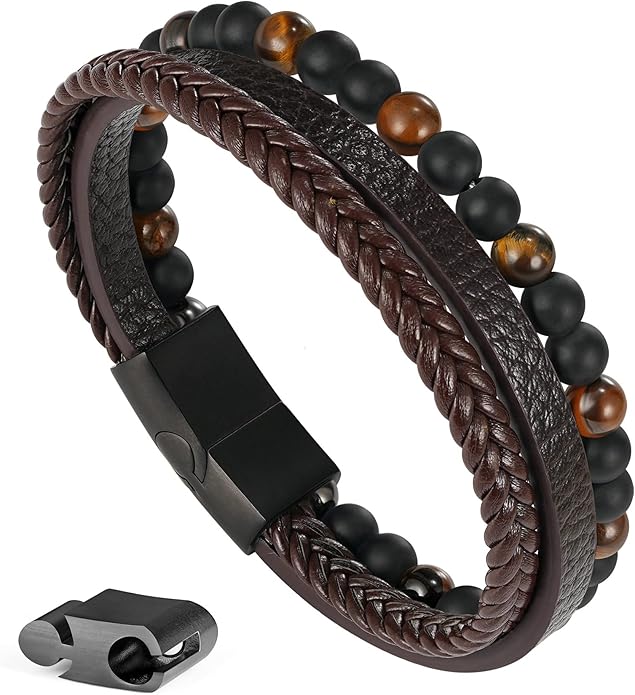 Gifts for Men - Layered Leather Beads Bracelet, Tiger Eye Lava Rock Stone Braided Leather Bracelets for Men Adjustable Magnetic Clasp Birthday Gifts