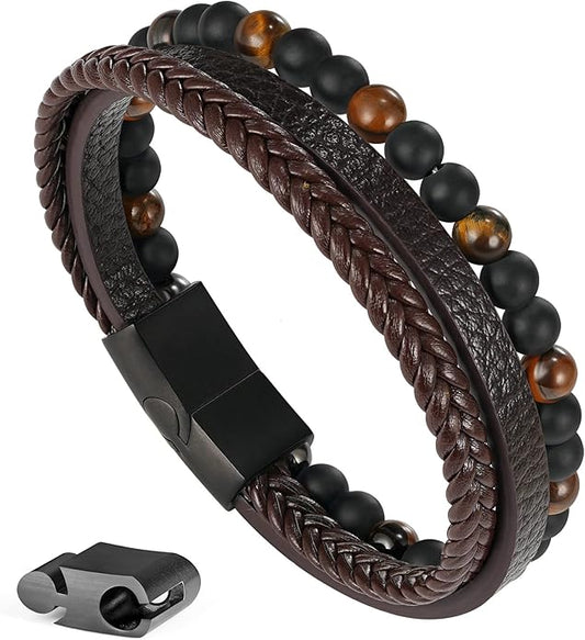 Gifts for Men - Layered Leather Beads Bracelet, Tiger Eye Lava Rock Stone Braided Leather Bracelets for Men Adjustable Magnetic Clasp Birthday Gifts