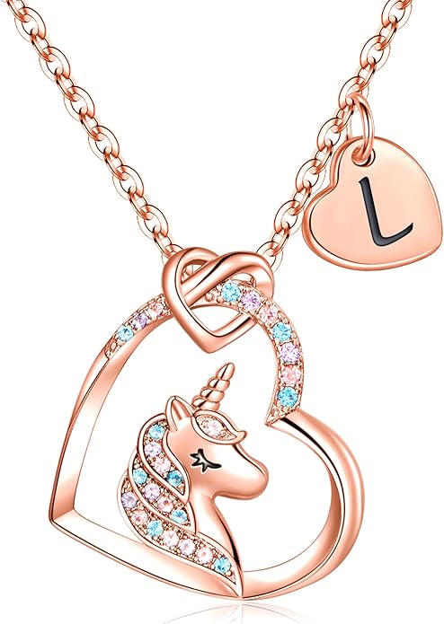 Hidepoo Unicorn Necklace Gifts for Girls - Colorful CZ Heart Pendant Initial Unicorns Necklaces for Teens Little Girls Jewelry Birthday Gift for Girl Daughter Granddaughter Niece
