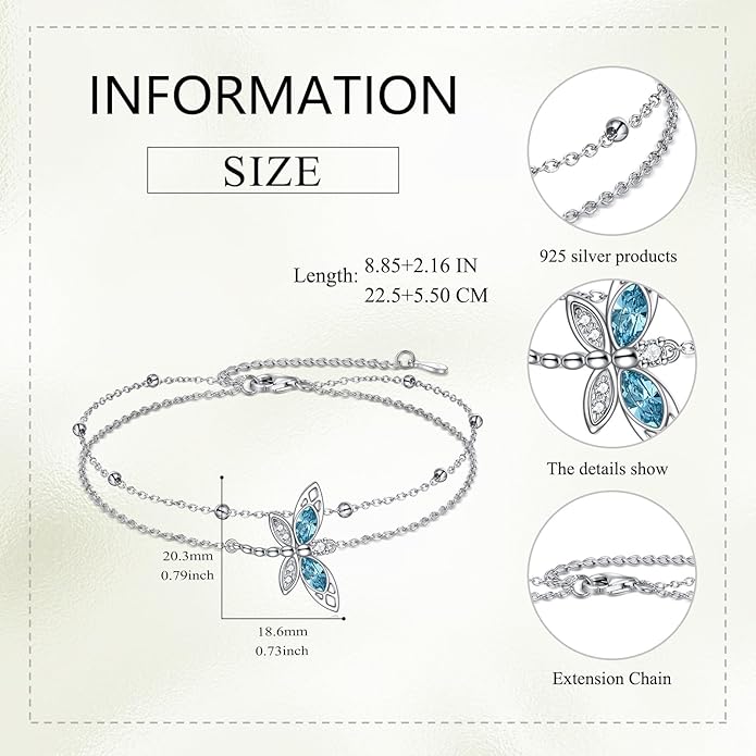 TIGER RIDER Dragonfly Anklet Sterling Silver Dragonfly Gifts Jewelry for Women with Crystal Birthday Anniversary