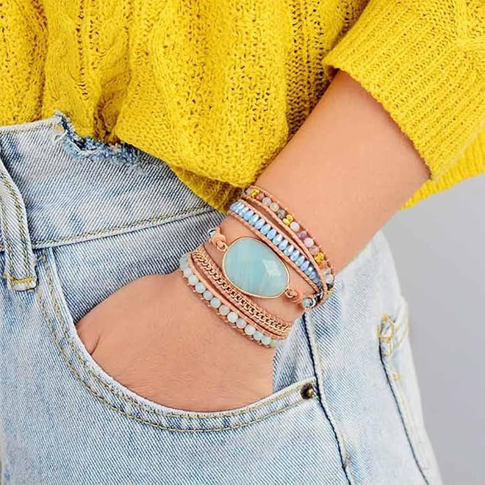 ZOSOJONA Boho Handmade Natural Stone Wrap Bracelets Turquoises Crystal Beads Bracelet Jewelry