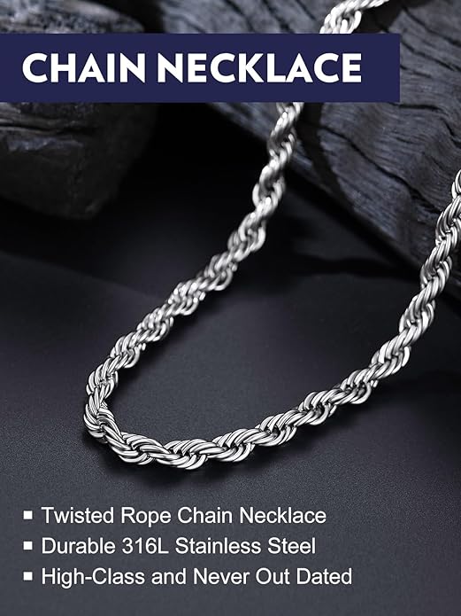 Bandmax Solid 1.5mm/2mm/3mm/6mm Rope Chains for Men Women 14K Gold Plated/Black Plated Stainless Steel Twist Chain 16-30 Inches, with Gift Box