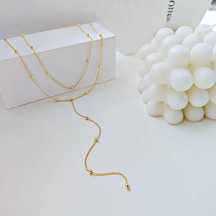 Zeffy Lariat Gold Necklace for Women, Dainty Long Necklace 14k Gold/Silver Plated Layered CZ Beaded Bar Chain Y-Shaped Body Chain Stack Drop Wedding Necklace Trendy Simple Gold Jewelry Gifts