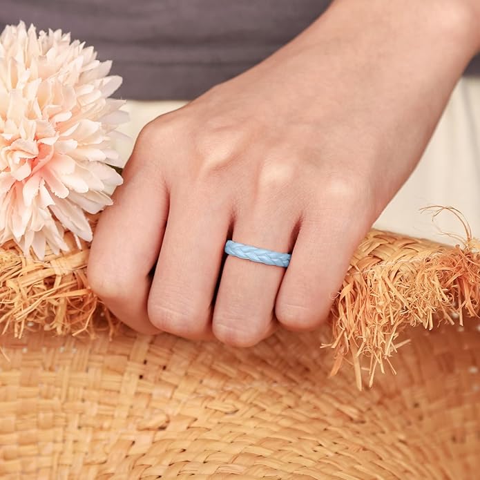 Egnaro Women's Silicone Stackable Rings 3.5mm Wide 2mm Thick, Rubber Flexible Hypoallergenic Wedding Bands For Workout Leaf Braided Fashion