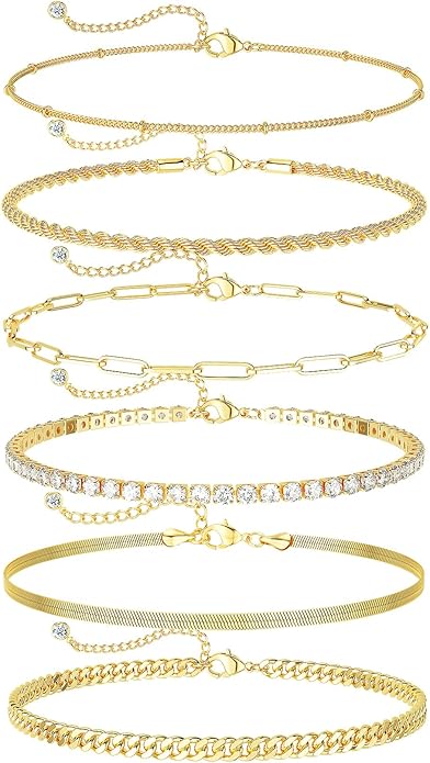 DEARMAY 14K Gold Plated Ankle Bracelets for Women Waterproof - Dainty 6Pcs Anklets Layered Cuban Link Chain Herringbone Cute Anklets Set Pack Summer Beach Jewelry Gift for Women Teen