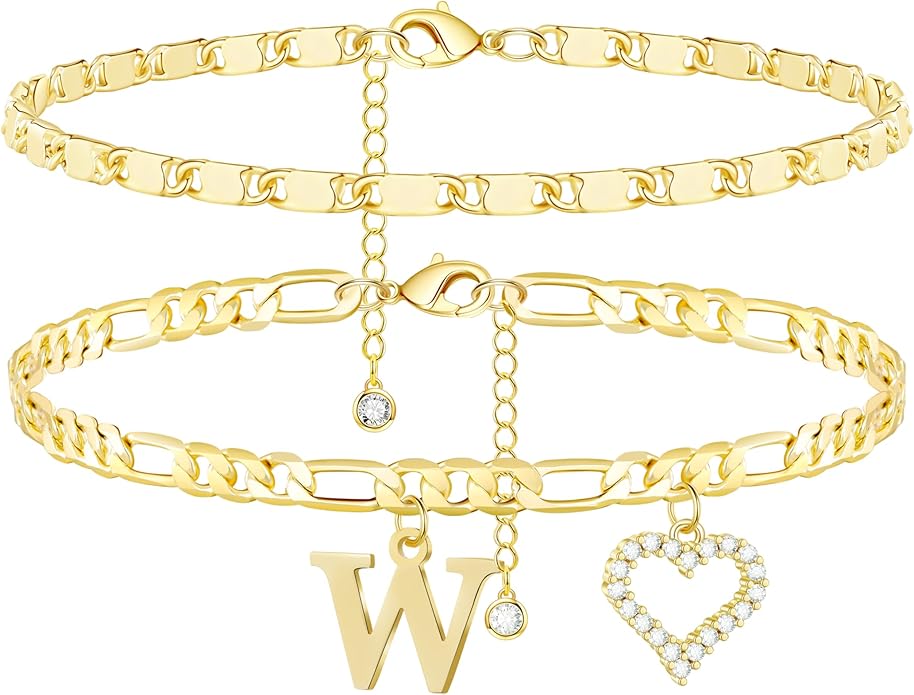 Initial Ankle Bracelets for Women Waterproof 14K Gold Plated Dainty Layered Figaro Chain Letter Initial CZ Heart Ankle Bracelets Set Summer Beach Jewelry for Women
