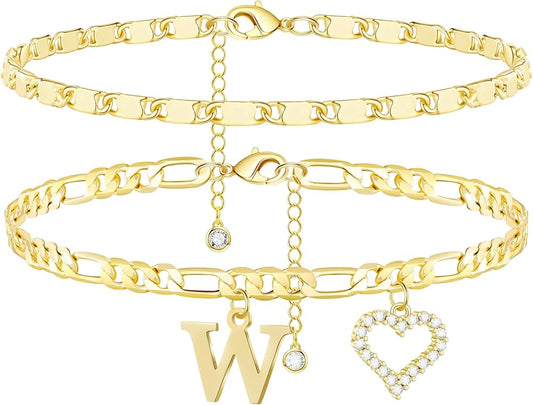 Initial Ankle Bracelets for Women Waterproof 14K Gold Plated Dainty Layered Figaro Chain Letter Initial CZ Heart Ankle Bracelets Set Summer Beach Jewelry for Women