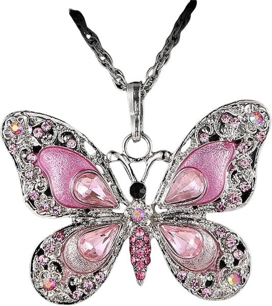 Vintage Multicolor Butterfly Necklace Bohemian Multicolor Enamel Butterfly Necklace Rhinestone Butterfly Pendant Necklace Chain Enamel Ethnic Costume Jewelry for Women