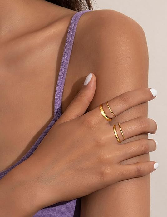 THUNARAZ 14K Gold Filled Rings Stacking Rings for Women Stackable Thin Gold Ring Plain Pinky Thumb Midi Statement Band Ring Comfort Fit 4Pcs 1mm 2mm 3mm 5mm