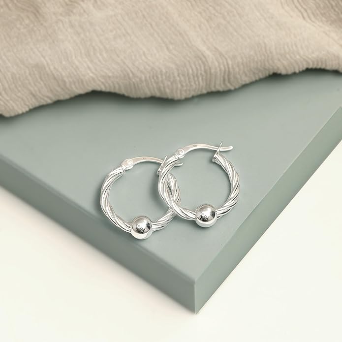 LeCalla 925 Sterling Silver Beaded Ball Hoop Earrings | Lightweight Sleeper Bead Ball Earring Hoops | Cape Style Hoop Earrings for Women