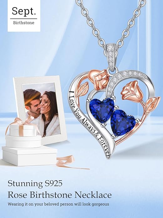 Zeuslia Double Birthstone Necklace Gifts for Wife - 925 Sterling Silver Sunflower/Rose/Crown Cross/Compass/Heart Pendant I Love You Necklace, Anniversary Birthday Gifts for Wife Girlfriend Mom Her