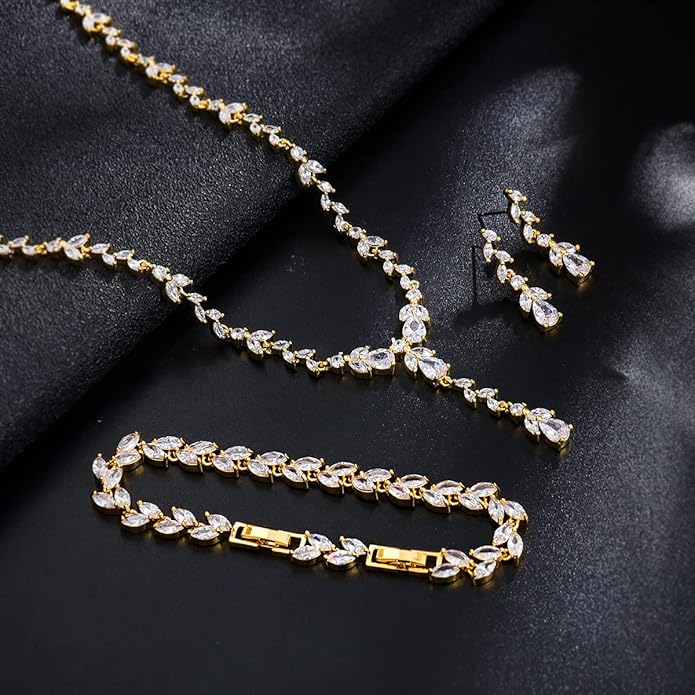 MEEDOZ Bridal Wedding Jewelry CZ Set Marquise Teardrop Cubic Zirconia Pendant Necklace and Dangle Earring Bracelet Sets for Women