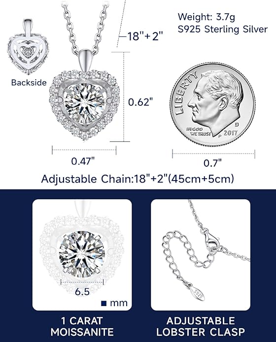 MomentWish Necklace for Women, Sparkling Gift for Her, 1Carat Moissanite Heart Pendent for Her, 925 Sterling Silver Dance Necklace for Anniversary Christmas Valentines