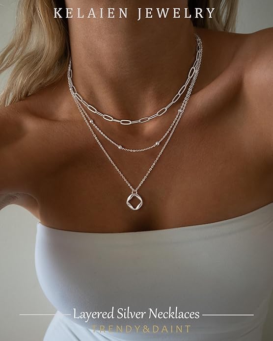 Layered Gold Silver Necklace for Women Non Tarnish,Dainty Choker Statement Chunky Necklace Stack Charm Pendant Chain Necklace Set 14K Gold Plated Long Stacked Womens Necklaces Trendy Jewelry Gift