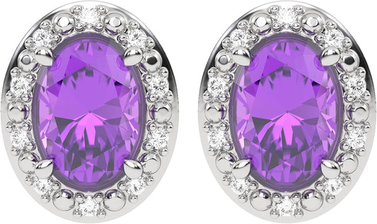 10K White Gold Oval Gemstone and Natural Round Diamonds Stud Earrings for Women - Hypoallergenic Trendy Ladies Earrings for Women - Jewelry Gifts for Wife