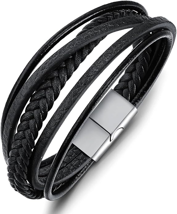 Italian Handmade Genuine Leather Bracelets for Men Stainless Steel Clip, Men's Casual Genuine Multi-layer Cuff Bracelet, Bracelet Gift for Real Men
