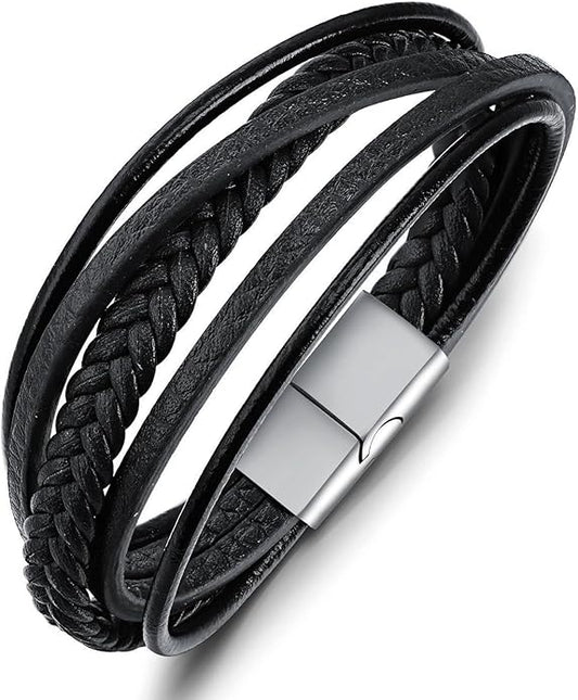 Italian Handmade Genuine Leather Bracelets for Men Stainless Steel Clip, Men's Casual Genuine Multi-layer Cuff Bracelet, Bracelet Gift for Real Men