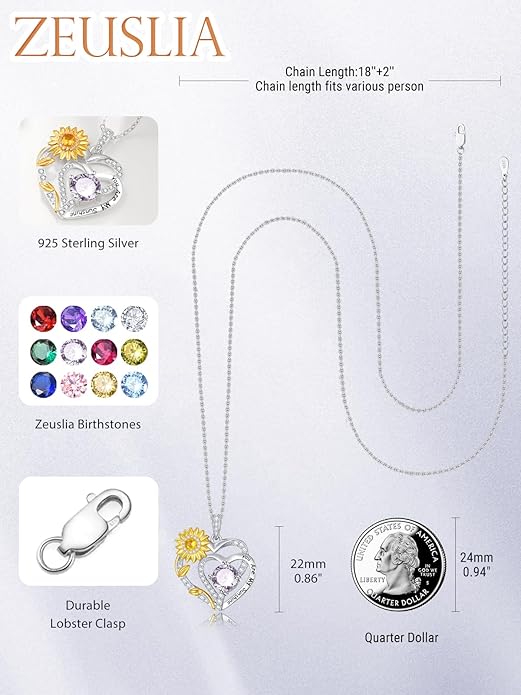 Zeuslia Double Birthstone Necklace Gifts for Wife - 925 Sterling Silver Sunflower/Rose/Crown Cross/Compass/Heart Pendant I Love You Necklace, Anniversary Birthday Gifts for Wife Girlfriend Mom Her