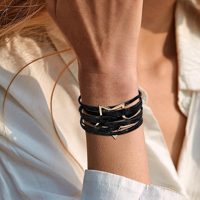 Fesciory Leopard Bracelet for Women, Boho Leather Wrap Multi-Layer Pearl Crystal Bracelet Bangle Jewelry