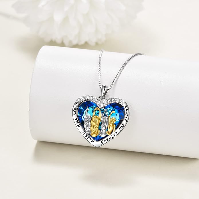 POPKIMI 925 Sterling Silver Sister Necklace - Birthday Gift for Sisters, Mom, Daughter - Always My Sister Forever My Friend Crystal Necklace for 2/3/4/5 Sisters