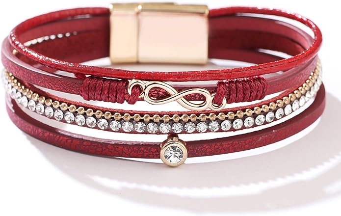 Fesciory Leopard Bracelet for Women, Boho Leather Wrap Multi-Layer Pearl Crystal Bracelet Bangle Jewelry