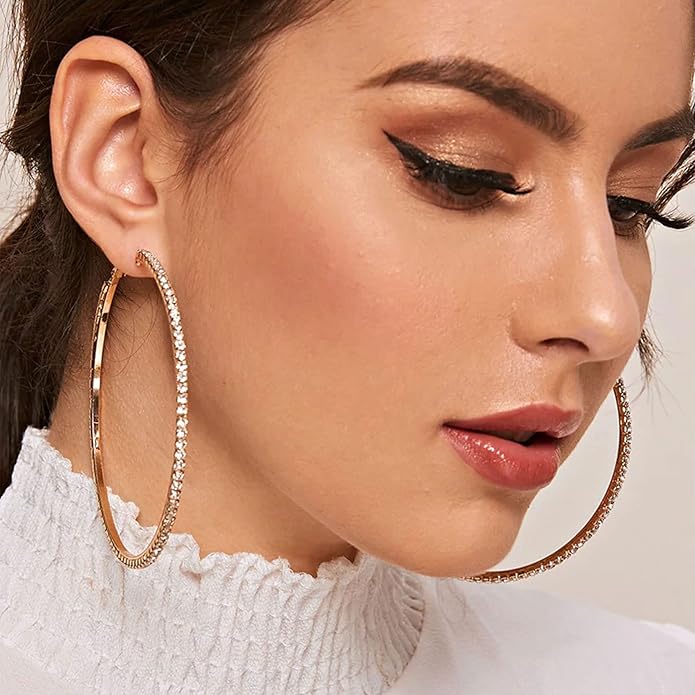 925 Sterling Silver Earrings Large Rhinestone Hoop Earrings Big Cubic Zirconia Hoop Earrings Thin Rhinestones Round Hoop Earrings for Women 20/30/40/50/60/70mm Sparkly Hoops With Crystals for Womens