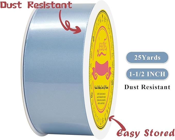 LEEQE Double Face Dusty Blue Satin Ribbon 1-1/2 inch X 25 Yards Polyester Ribbon for Gift Wrapping Very Suitable for Weddings Party Hair Bow Invitation Decorations and More