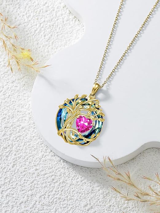TOUPOP Christmas Gifts Tree of Life Birthstone Necklace 925 Sterling Silver Pendant Austrian Crystal Jewelry Anniversary Birthday Gifts for Women Mom Her Wife