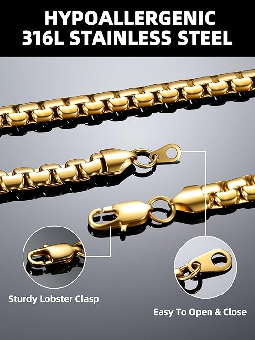 Bestyle 18K Gold Plated/Silver/Black Chain for Men, Hypoallergenic 2/4/6/8mm Stainless Steel Flat Link Chain Necklace for Men & Women Hip Hop Jewelry, 14-30"