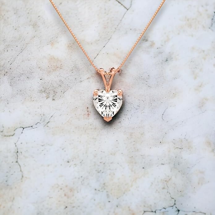 Everyday Elegance Solid 14K Gold Cubic Zirconia Solitaire Pendant Necklace for Women Heart, Princess, Round, Oval, Emerald, Pear & Cushion Cut 1 or 2 CTW | .60mm Thick 16" 18" Length Box Link Chain