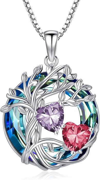 TOUPOP s925 Sterling Silver Family Celtic Tree of Life Pendant Necklaces with 2 Heart Birthstone with Blue Austrian Crystal Jewelry Birthday Anniversary Christmas Gifts for Her Wife Girlfriend Mom (18K Real White Gold Filled)