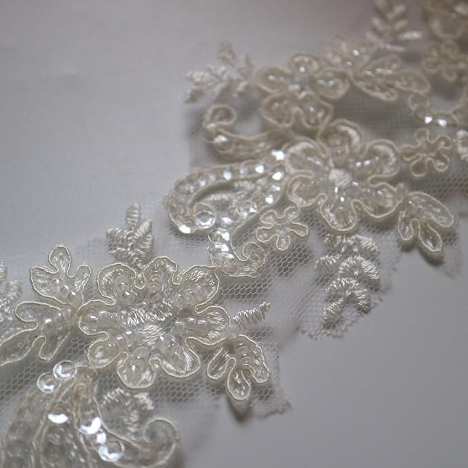 G-RUI 6cm*2yards Ivory White Luxury Beaded Embroidery Flower lace Appliques for Wedding Dresses Rhinestone Applique Patches Embroidery lace parches ropa (Off White Color)…