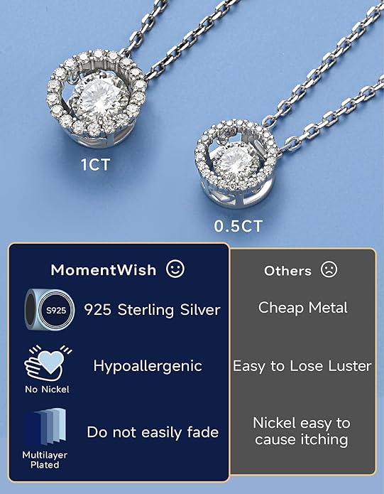 MomentWish Floating Necklace for Women, 0.5/1 Carat Dancing Moissanite Necklace for Her 925 Sterling Silver Pendant Anniversary Birthday Christmas Gift for Wife Mom Girlfriend