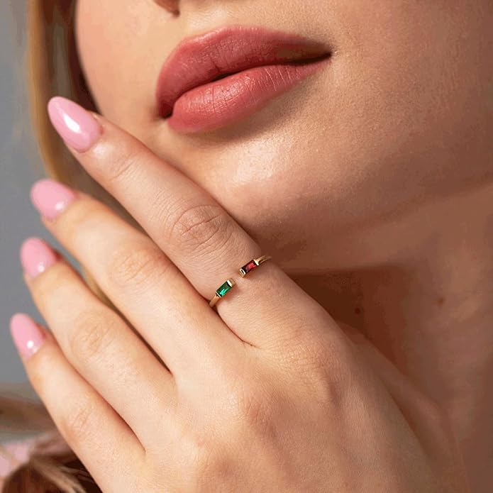 JSJOY Birthstone Rings for Women Dainty Emerald Blue Ring Birthday Gifts for Mom Her Gemstones CZ Ring for Teens Gold Rings That Don't Tarnish Adjustable Ring Jewelry Gifts
