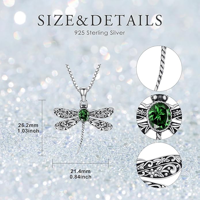 Vintage Dragonfly Necklace for Women 925 Sterling Silver, Oval Birthstone Dragonfly Pendant Boho Jewelry Birthday Gift for Her, Mom, Grandma